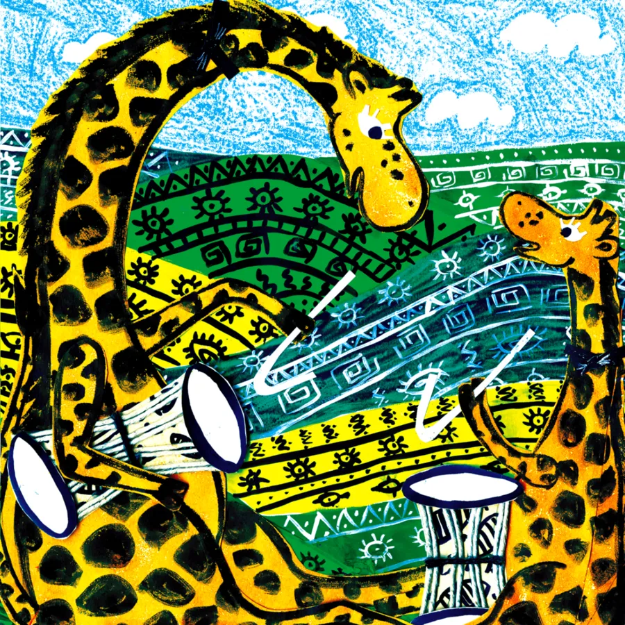 Two giraffes playing drums and horns