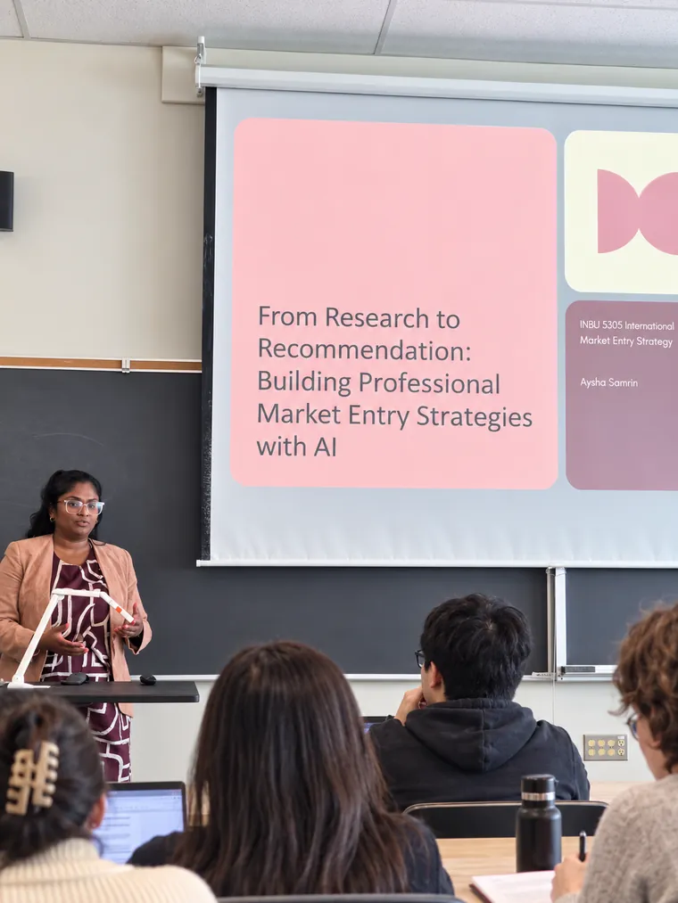 Aysha Samrin giving a guest lecture at the Bissett School of Business, Mount Royal University