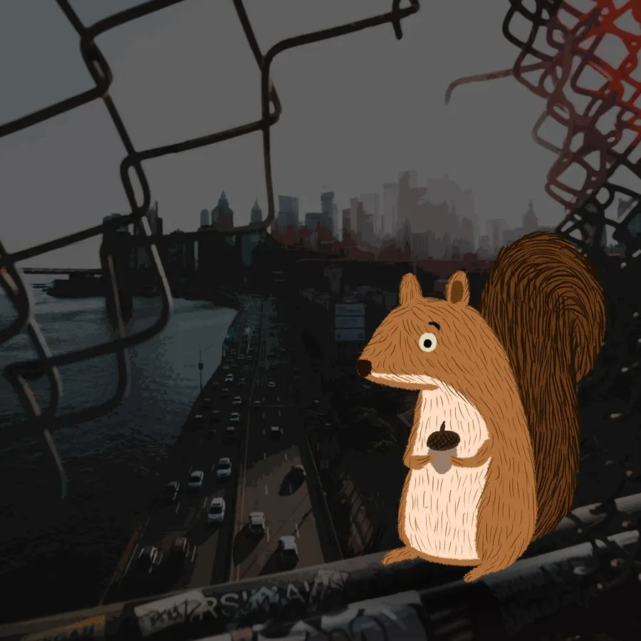 Lost in the City — squirrel above a highway skyline
