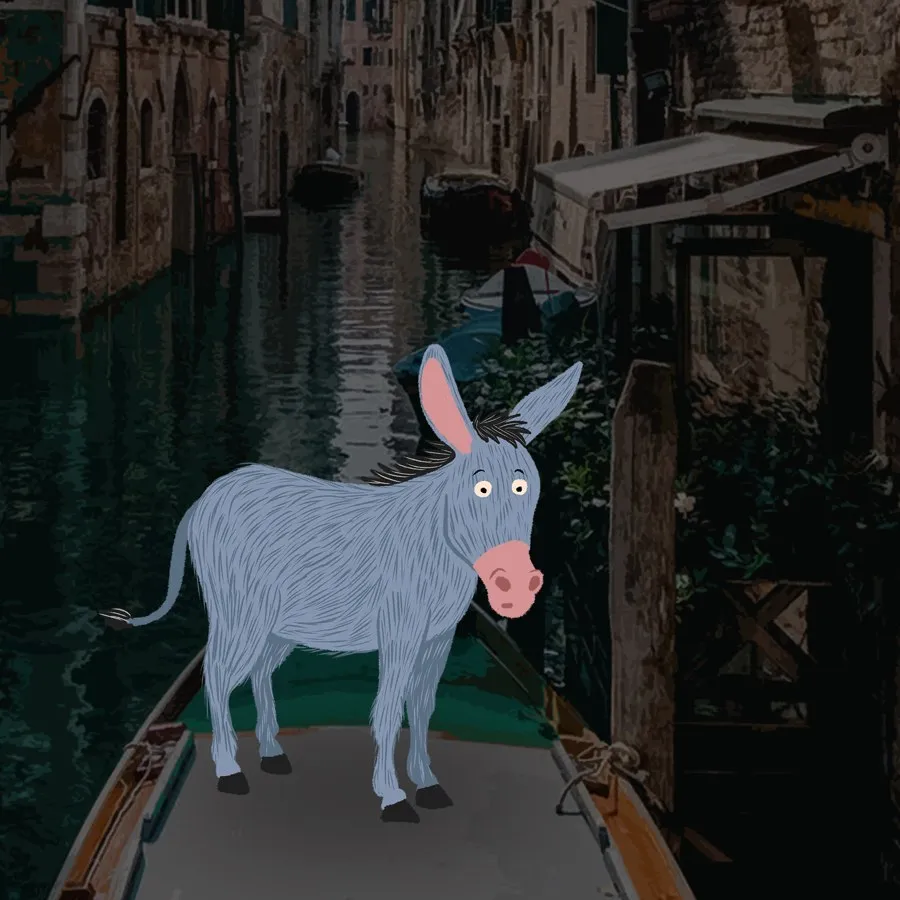 Lost in the City — donkey on a Venice canal boat