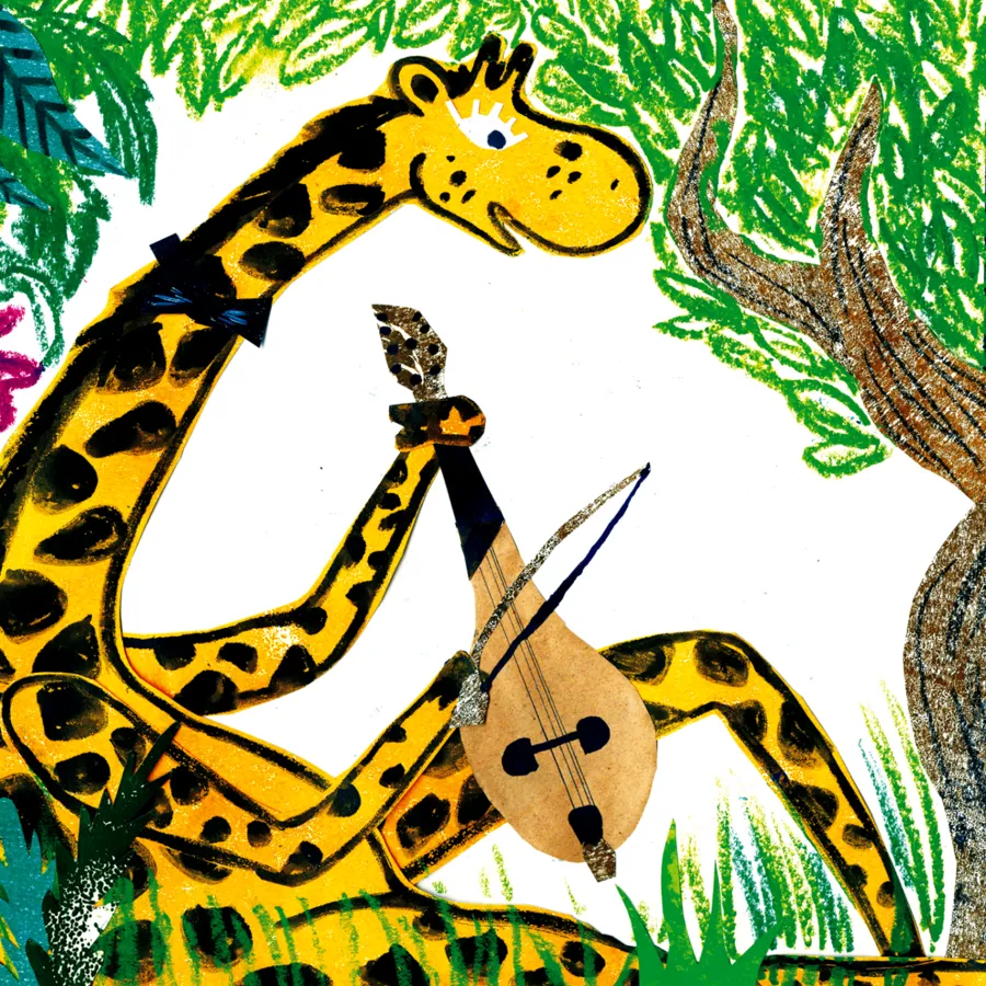 Giraffe playing a stringed instrument in the jungle