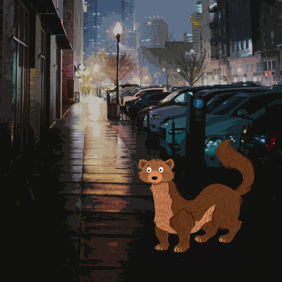 Lost in the City — mongoose on a rainy city sidewalk